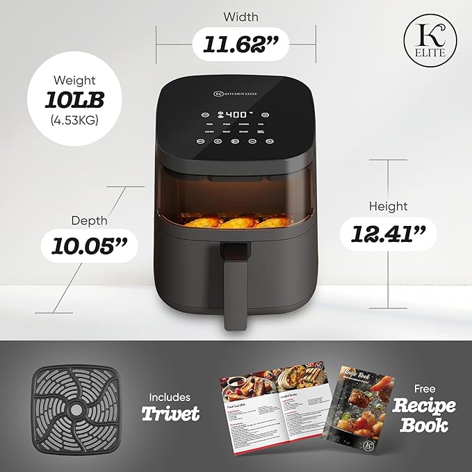 Kitchen Elite Digital Air Fryer Oven with Viewing Window and 8 Presets, 4 Quart, Touchscreen Cooker, Precise Temp Control, Elegant Gray