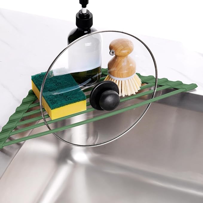 Tomorotec Compact Silicone-Coated Triangle Dish Drying Rack for Sink Corner - Foldable Stainless Steel Over-The-Sink Organizer and Storage Shelf (Army Green)