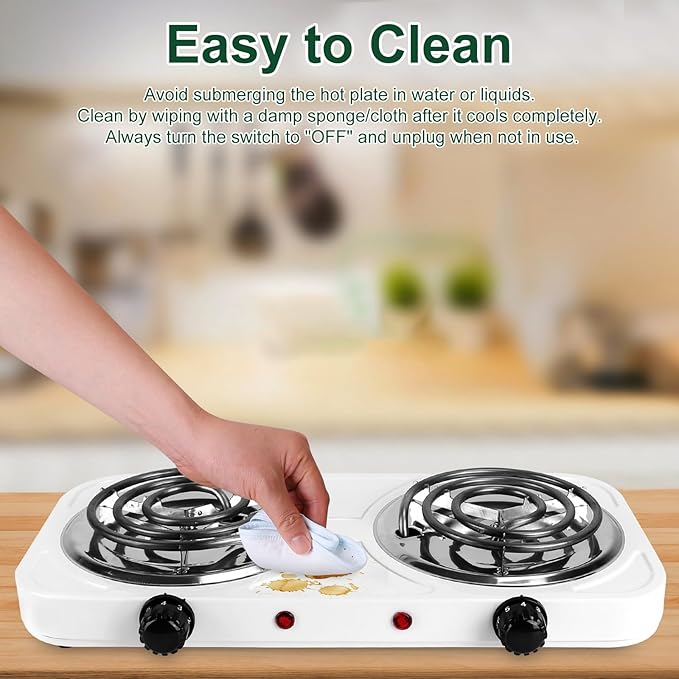 Double Burner Cooktop, 2000W Portable Electric Stove, 5 Level Temperature Control, Easy to Clean, Power Indicator Lights, Coil Hot Plate for Home Dorm Camping Cooking