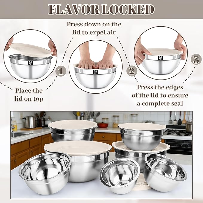 Mixing Bowls with Lids Set - 7PCS Nesting Mixing Bowls, Lids, Stainless Steel Mixing Bowls for Mixing, Baking & Meal Prep, Dishwasher Safe, Size 0.7/1.1/1.5/2.1/3.5/4/4.5 QT, Khaki