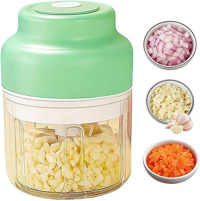 Electric Garlic Chopper Mini, Upgraded Rechargeable Veggie Chopper With Storage and Cover, One-Touch Food Processor with 4 Stainless Steel Blades for Onion Meat Chili Ginger (Green, 250ml)