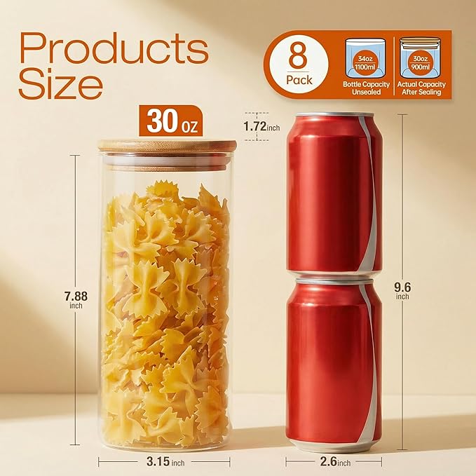 HomArtist Glass Jars with Bamboo Lids 28 floz [Set of 8], Glass Canisters with Airtight Lids, Glass Food Storage Containers for Pasta, Oats, Coffee, Flour, Sugar, Rice, Best for Kitchen & Pantry