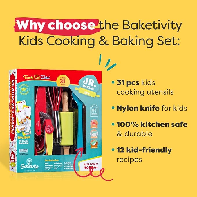 Baketivity Kids Baking Bundle – DIY Cake Pop Kit & 31-Piece Real Kids Cooking Set – Pre-Measured Kosher Ingredients, Safe Utensils, Illustrated Recipes & Video Guide – Fun Gift for Ages 6+