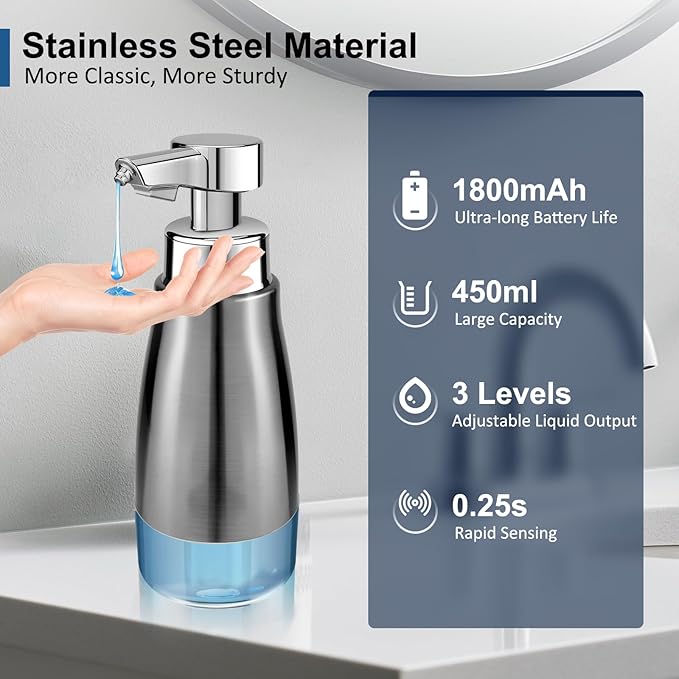 Automatic Soap Dispenser Liquid Touchless: 15oz Stainless Steel - 3 Level Adjustable Silver Rechargeable Electric Auto Smart Soap Dispenser - Bathroom Kitchen Hand Dish Lotion