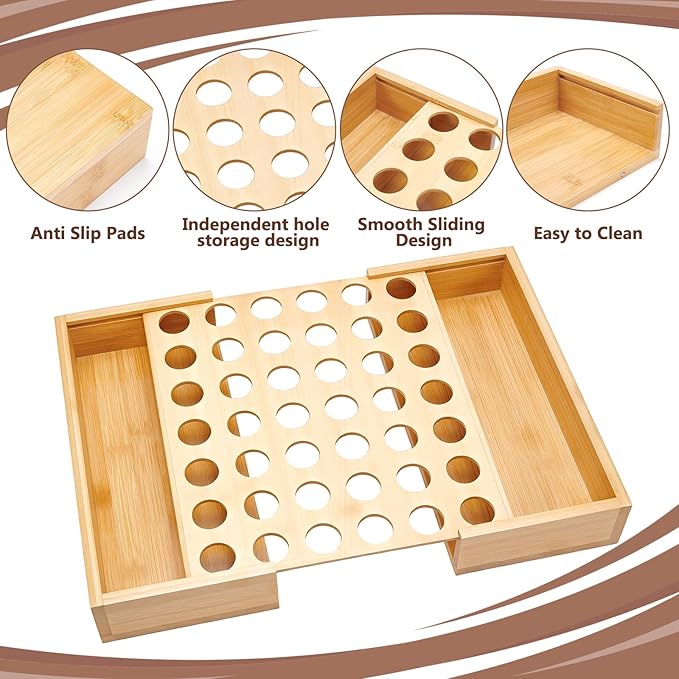 Bamboo Coffee Pod Holder Drawer, 11.85x12.6x2.42Inch Tea Bags Storage Organizer Holder 42 Pod Capacity for Coffee Station Home Office and Kitchen