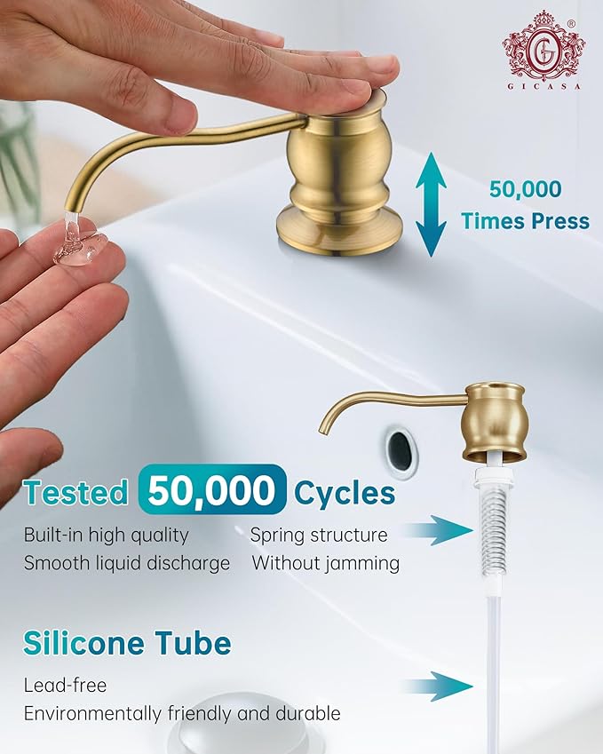 Built in Deck Mount Liquid Lotion Kitchen Countertop Metal Soap Dispenser, Brushed Gold Brass Dispenser Pump with 47.2" Silicone Long Tube for 0.79 "- 1.38" High Capacity Bottle Mouths