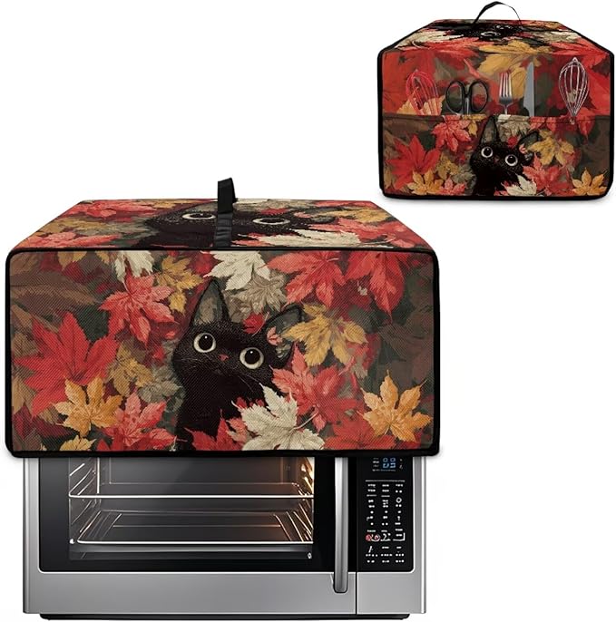 Air Fryer Toaster Oven Dust Cover Dust Protection Countertop Convection Oven Cover Stain-resistant Kitchen Appliance Protector, S, Black Cat Maple Leaf Fall Decor