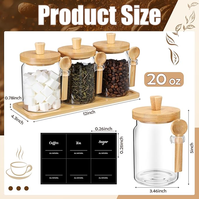 Suclain 3 Pcs Glass Coffee Container with Wooden Lid Spoon Shelf Labels Clear Airtight Jar Food Storage Canister Set for Sugar Spice Coffee Bean Holder Housewarming Gift(20 oz,Natural Bamboo)