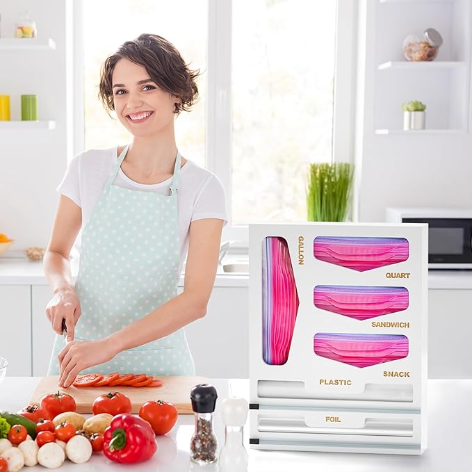 6 in 1 Bag Organizer and Wrap Dispenser with Magnetic Lid - Plastic Wrap Dispenser with Cutter for Kitchen Drawer, Storage for Gallon, Quart, Sandwich, Snack Bags, and Foil White