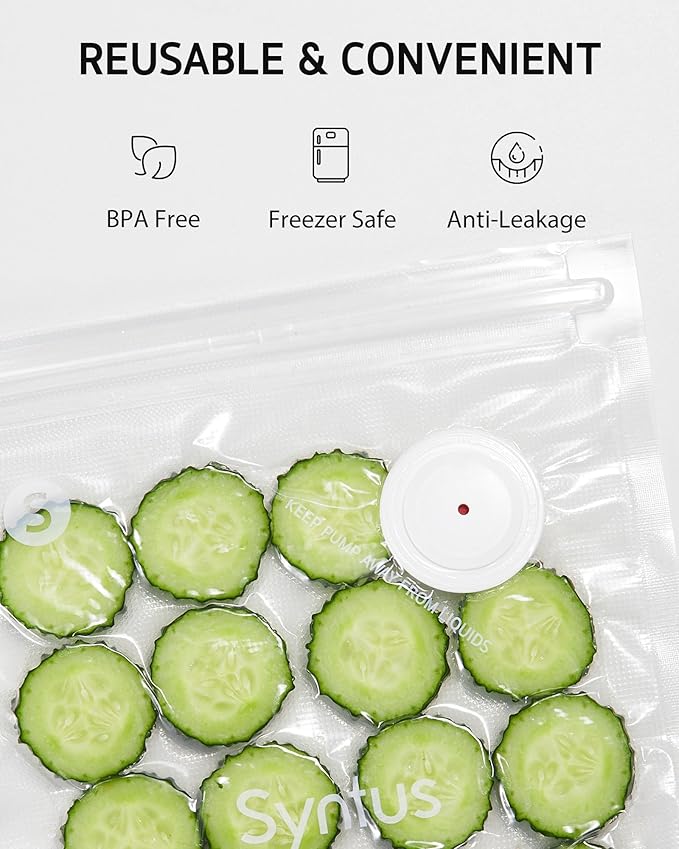Syntus Vacuum Sealer Bags for Food, Food Storage Bags for Sous Vide Cooking Microwave Heating, Air Valve Zipper Bags & Zip Clips, 30 Bags (S+M+L) + 1 White Vacuum Sealer