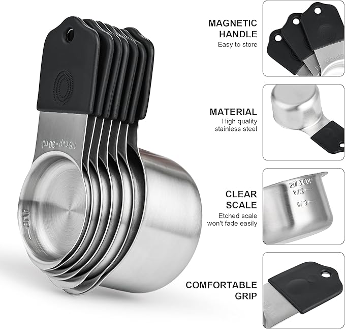 Magnetic Measuring Cups & Spoons Set 14, Heavy Duty Stainless Steel Measuring Cups and Spoons Set for Baking & Cooking, BPA Free, Round Measuring Set with Leveler, Black