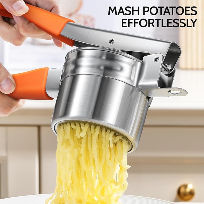 Potato Ricer, Sopito Upgraded Stainless Steel Potato Masher with 3 Interchangeable Discs, Heavy Duty Kitchen Tool Gadget, Orange