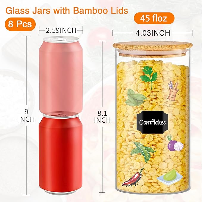 BGraceyy Glass Storage Jars 45 oz 4 Pcs Clear Glass Food Storage Containers with Airtight Bamboo Lid Stackable Kitchen Canisters for Candy, Cookie, Rice, Sugar, Flour, Pasta, Nuts