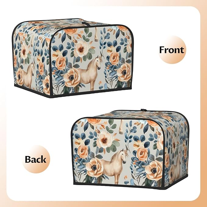 Beige Flower Horses Covers for 4 Slice Toasters,Cute Country Bread Machine Cover with Handle,Washable Stain Resistant Kitchen Small Appliance Cover Dining Decor