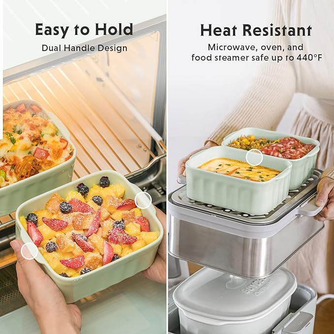 BUYDEEM Ceramic Food Storage Container with Airtight Lid, 28 oz Bento Lunch with Airlock Lid, Stackable Bento Box Microwaveable, Reusable and Dishwasher Safe, for Office Work and Travel, Cozy Greenish