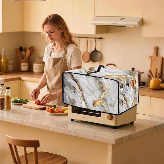 Toaster Oven Dust Cover with Storage Pockets, Protective Decorative Smart Oven Cover for for Kitchen Countertop, L, 18.5 x 22.5 x 13 inches, White Gold Gray Marble