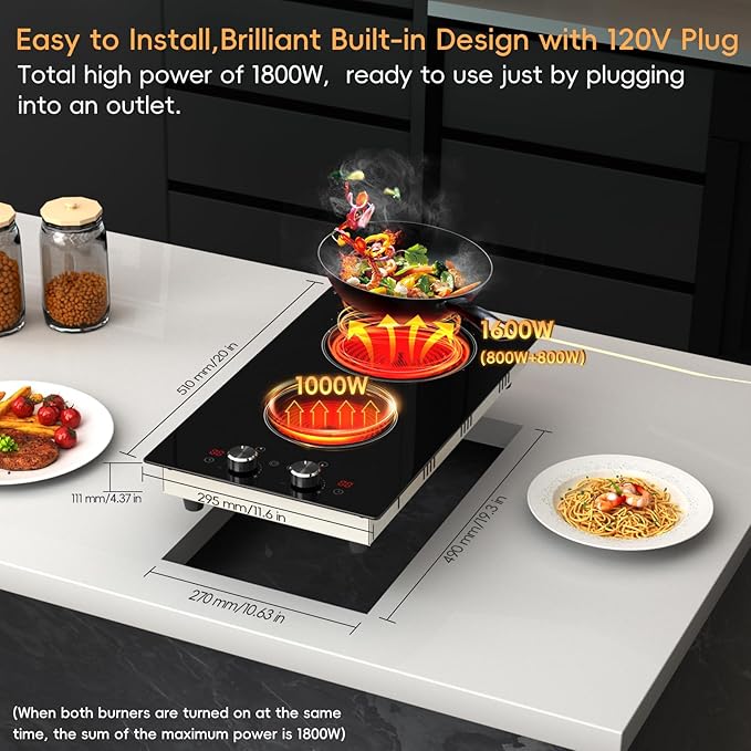 2 Burner Electric Cooktop 120V, 1800W Radiant Electric Stove Top with Countertop & Built-in Design, 12 inch Knob Control Ceramic Cooktop with Safety Lock, 9 Level Power, 99 Min Timer - Plug in