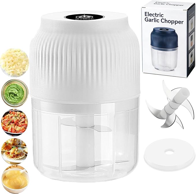 Electric Garlic Chopper, Mini Portable Veggie Cutter, Veggie Chopper with Container and Lid, Rechargeable Cordless Food Chopper for Garlic, Onion, Chili, Fruits Vegetables (White)