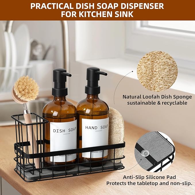 Dish Soap Dispenser for Kitchen, 16.9 fl oz Amber Hand and Dish Soap Dispensers, Kitchen Soap Dispenser Set with Sponge Holder, Brush Holder and Loofah Sponge, Countertop Sink Organizer Accessories
