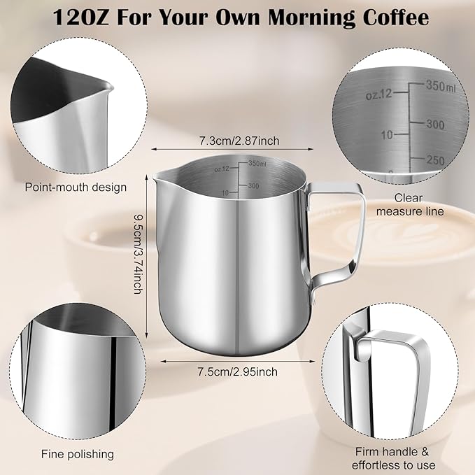 Honeydak 2 Pcs Milk Frothing Pitcher 304 Stainless Steel Steaming Pitchers for Coffee Bar Cappuccino Barista Tools Milk Jug Steamer Frother Cup (12 oz)