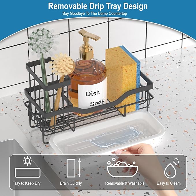 Sponge Holder for Kitchen Caddy Sink Organizer, Multifunctional Rustproof Dish Soap Sponge Caddy for Sink Counter with Detachable Brush Holder & Drain Tray - Storage Kitchen & Home Accessories
