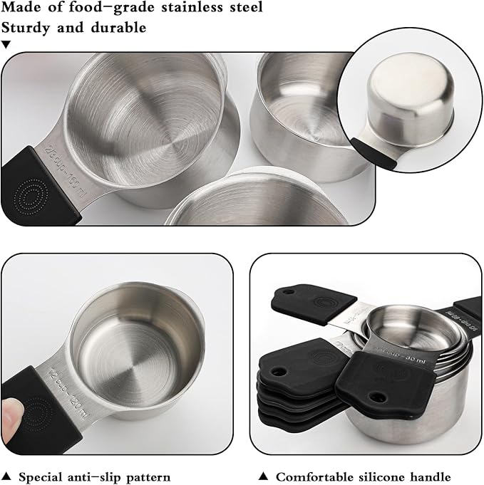 Magnetic Measuring Cups and Spoons Set of 16,Stainless Steel Magnetic Measuring Cups Set 7 and Magnetic Measuring Spoons Set of 8 with Leveler for Dry Liquid Ingredients (7, Black)