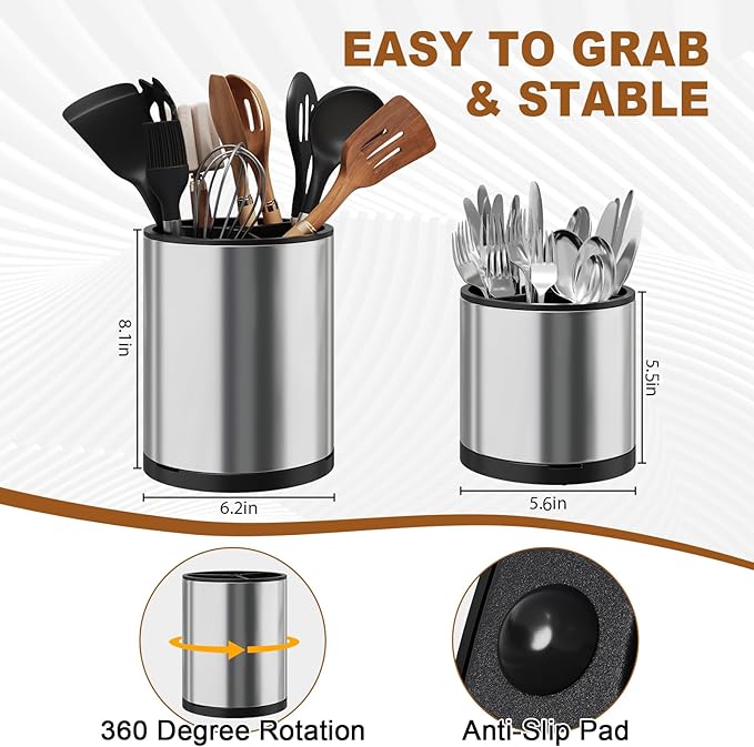 Extra Large Utensil Holder for Kitchen Counter, 360°Rotating Cooking Utensils Holder for Countertop, Stainless Steel Utensil Crock for Spatula,Spoon, 3 Compartment Metal Silverware Crocks for Flatware