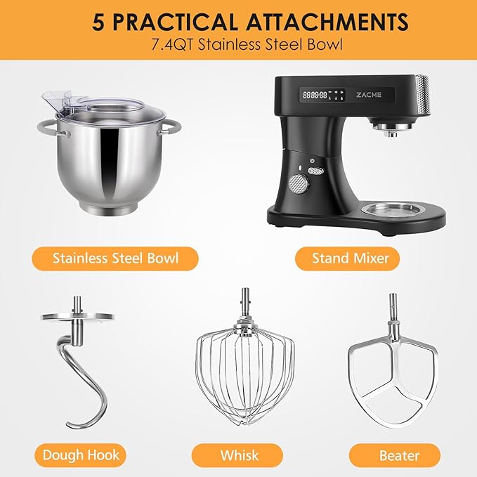 ZACME 7.4QT Household Stand Mixer 800W with Aluminum Die Casting Mixers Kitchen Electric Stand Mixer Metal Dough Mixer with Stainless Steel 7L Bowl, Dough Hook, Whisk and Beater, Black