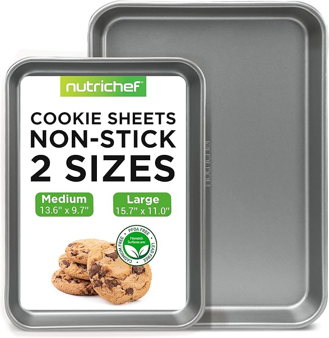 NutriChef 2-Piece Large & Medium Cookie Sheets for Baking - Non Stick Baking Sheet for Cookies, Sheet Cakes & Roasting - Dishwasher Safe - Gray