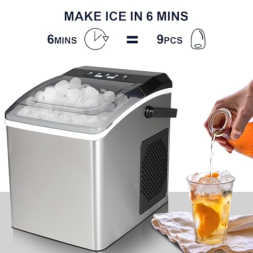 Kenmore Countertop Ice Maker – Maquina para Hacer Hielo en Casa, Nugget Ice Maker Makes 9 Pebble in 6 Mins, Portable Self‑Cleaning Ice Machine, 26 Lbs/Day, Stainless Steel