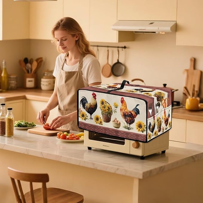 Air Fryer Toaster Oven Dust Cover Washable Convection Oven Cover Farmhouse Kitchen Appliance Protector Decorations Countertop Accessories, S, Rooster Chicken Eggs Sunflower