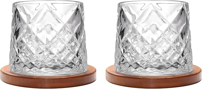 Rotatable Old Fashioned Glass Cup, 275ml/10oz Crystal Whiskey Glass Set of 2, Wood Coaster, Thickening, Used as Rum Glass Cup, Cocktail, Coffee, Milk to Relax and Reduce Stress, Christmas gifts