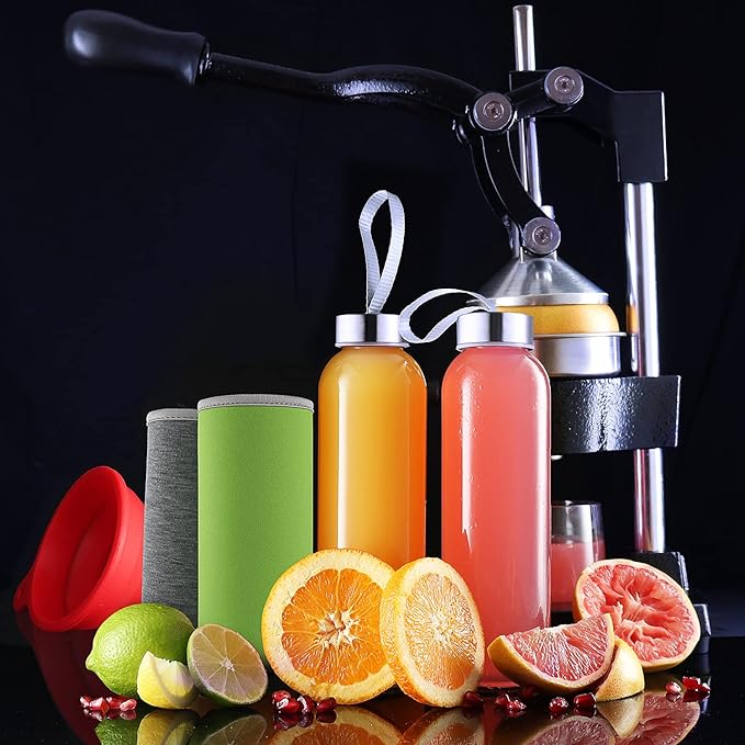 Citrus Juicer - Professional Hand Juicer Citrus Squeezer - 7 PC Juicer Press - Metal Grapefruit, Orange & Lemon Juicer Squeezer with Glass Bottles, Sleeves & Funnel - Black