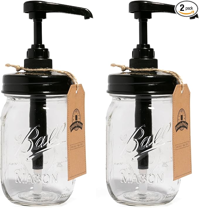 Jarmazing Products Mason Jar Syrup Dispenser - Set of 2 – 16 oz Ball Jars with Rust-Proof, Leak-Proof, Food Grade Pumps for Honey, Syrups, Condiments, Salad Dressings and More
