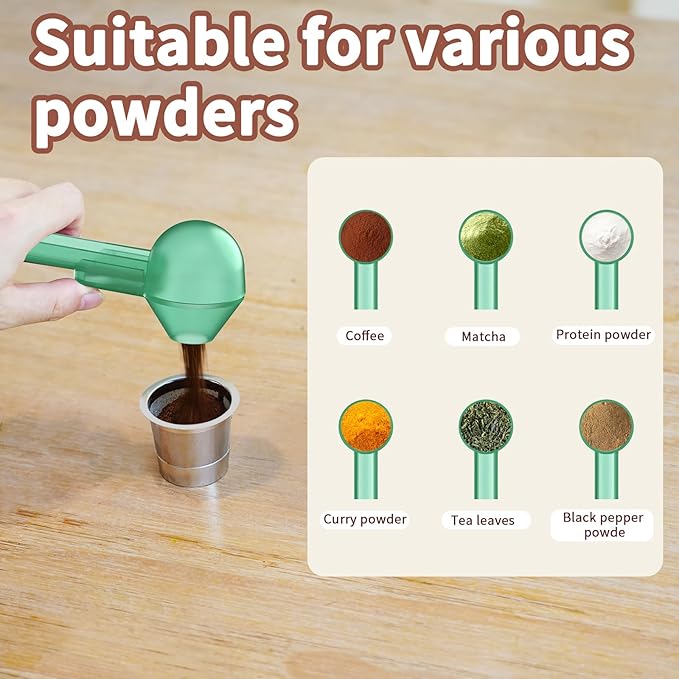 Coffee Scoop with Funnel for Ground Coffee, Protein Powder & Tea, for Reusable K Cup Refiller, 2TBSP Mess-Free, Funnel Design Prevents Spills (Translucent Green, 1-Pack)