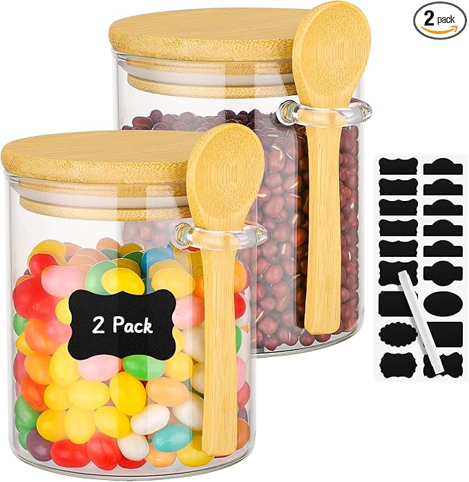 Glass Jars with Bamboo Lids and Spoon - 2 Pack 15 Fl.oz Round Glass Storage Jars with Airtight Lid, Clear Stackable Sugar and Coffee Container Set for Overnight Oats, Spice, Loose Tea,Candy