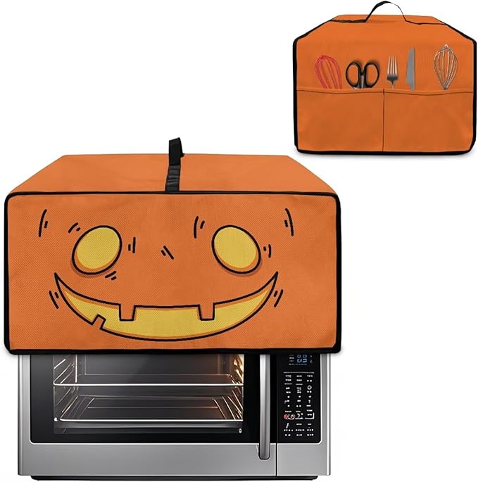 Air Fryer Toaster Oven Cover Fabric Convection Oven Cover with Pockets, Washable Small Appliance Dust Protection, M, Cartoon Pumpkin Face Pattern Halloween Decor