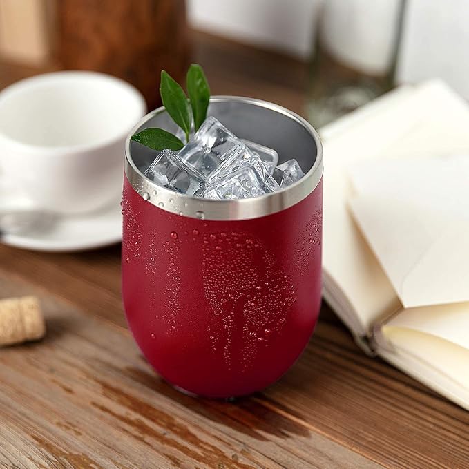 MEWAY 12oz Wine Tumbler 16 Pack Bulk Gifts for Women,Double Wall Vacuum Stainless Steel Travel Mug with Lid,Insulated Stemless Wine Cup Glass for Coffee,Cocktails,Drinks(Red,Set of 16)