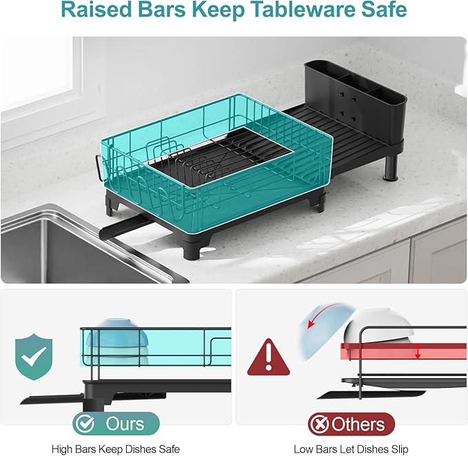 GSlife Large Dish Drying Rack for Kitchen Counter, Expandable Rust Resistant Dish Drainer with Drainboard & Utensil Holder, Adjustable Dish Rack with Vertical Pot Storage, 12.6"W x 18.7"-25.2"L, Black