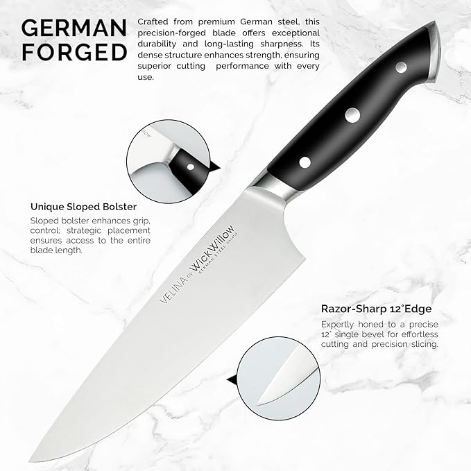 WICKWILLOW 8" Chef Knife – Razor Sharp German Steel – All-Purpose Kitchen Knife for Slicing, Dicing & Chopping – Full Tang & Ergonomic Handle – Gift Box – Velina Series