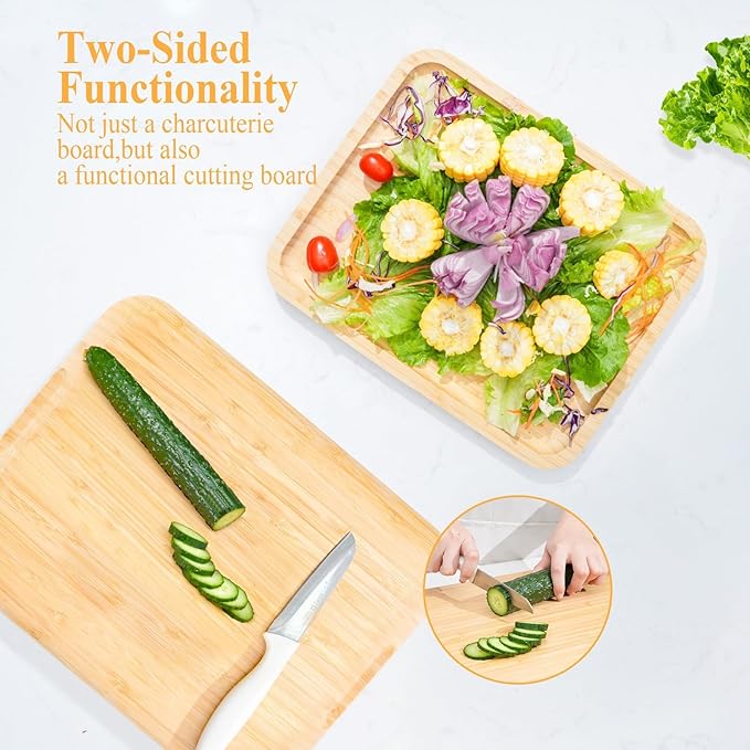 Bamboo Charcuterie Board 1-Compartment with Locking Lid, Ergonomic Handle & Knives Set - Portable Food/Cheese Serving Tray, Reversible Cutting Board for Picnic, Party & Gatherings (Pack of 12)