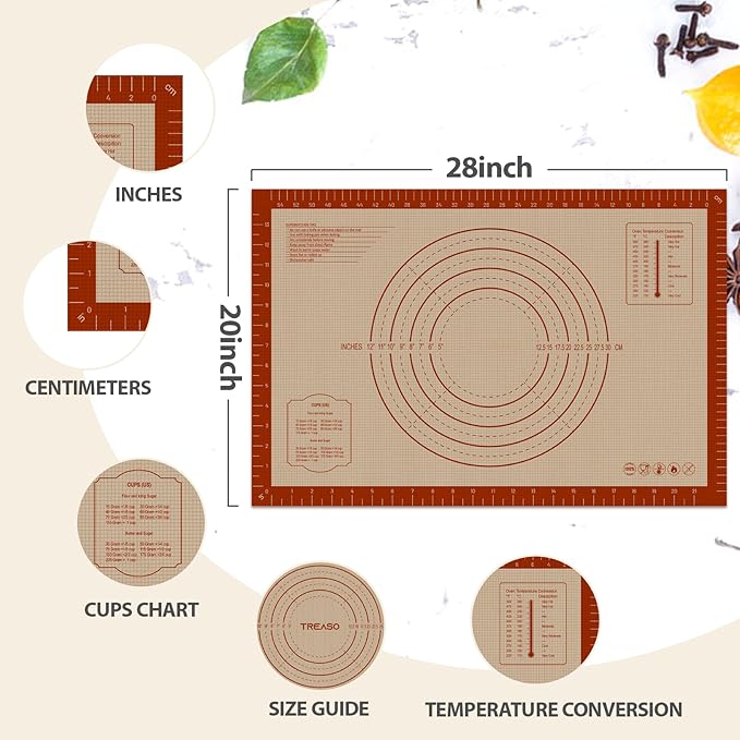 Pastry Mat, 0.7mm Extra Thick 28 x 20 Inches Large Non Stick Silicone Baking Pad, Pie Crust Rolling Supplies for Making Christmas Cookies Bread, Easy to Clean