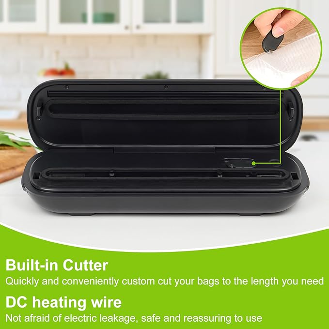 Vacuum Sealer Machine, Food Vacuum Sealer Machine with Build-in Cutter, Compact Design with External Vacuum System with 10 Seal Bags Kit, Dry Moist Fresh Modes (Black)