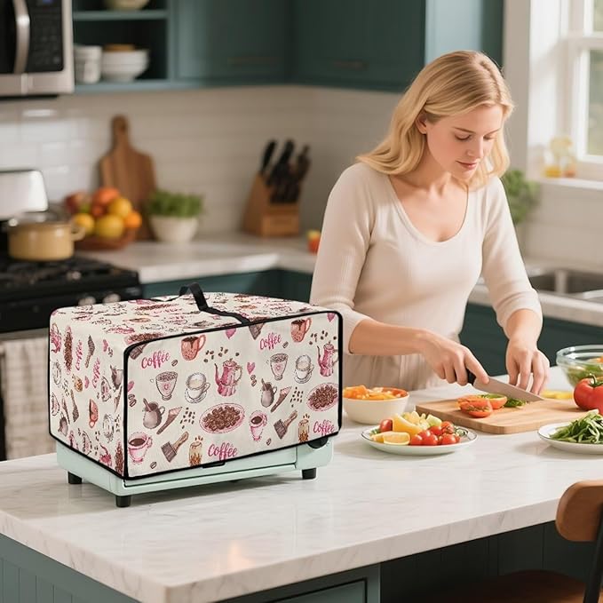 Toaster Oven Dust Cover Dustproof Stylish Convection Microwave Ovens Cover Stain-resistant Small Countertop Appliance Protector, M, Coffee Mocha Pot Beige Pink