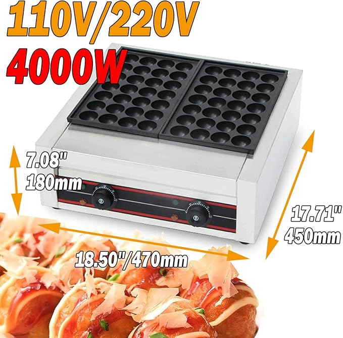 Takoyaki Maker Commercial Ebelskiver Pan 56 Holes Electric Grill Machine for Aebleskiver, Cake Pops, Pancake Balls, Donut Holes, 4000W, 220V