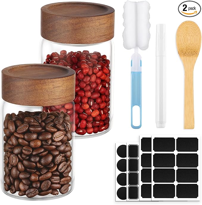 Coffee Jar with Wood Lid, 2 Pack 7oz 220ml Glass Canister with Wooden Airtight Lids, Empty Food Storage Containers, Screw Top Glass Mason Jars for Spice, Sugar, Tea, Oatmeal, Salad, Beans, Nuts
