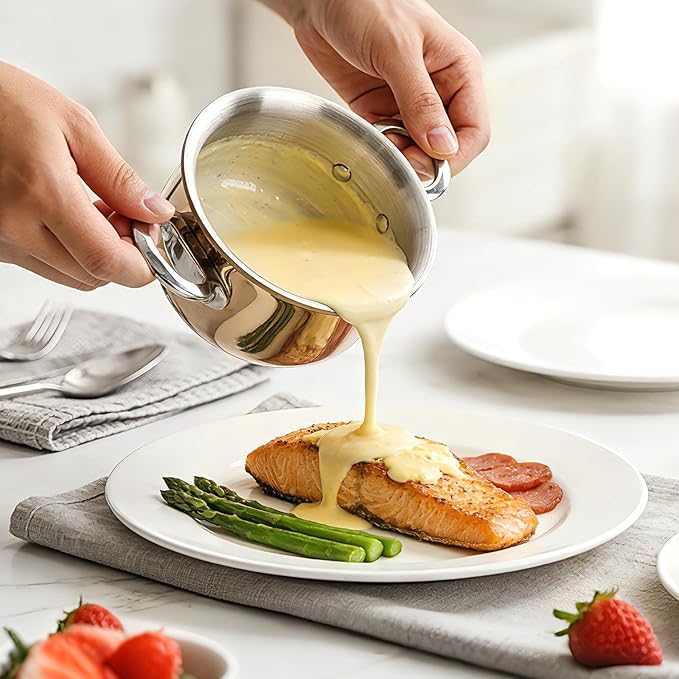 Macevia Mini Sauce Pan with Lid, Stainless Steel Butter Warmer Small Pot, For All Stoves Multipurpose Use for Home Kitchen or Restaurant (13.5oz/400ml) - Rose Gold