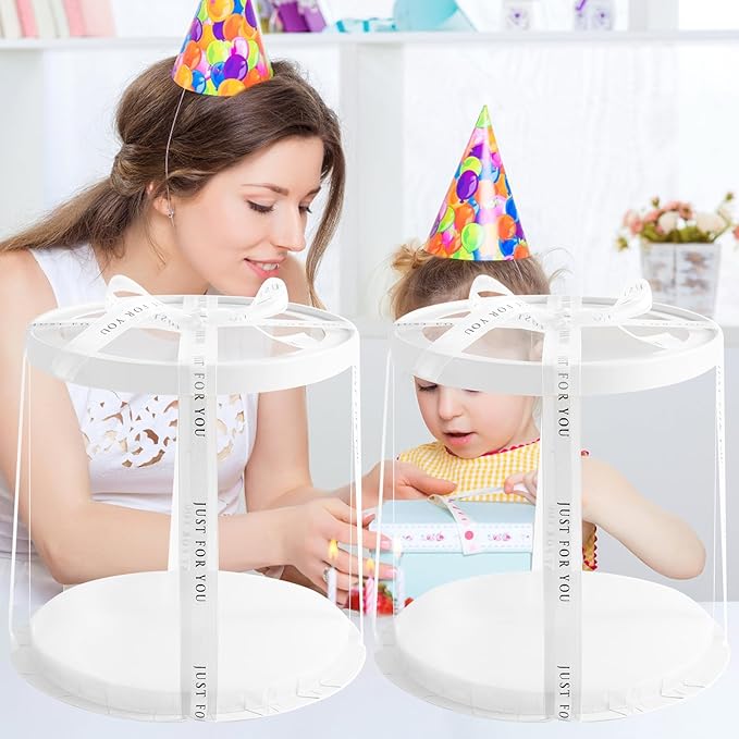 JCD Multi-Layer 6 Pack Clear Cake Box with Ribbon,Tall Cake Box Carrier, Tiered Transparent Cake Packaging Boxes 10 Inch, PET Round Cake Containers for Party (Clear lid, Round 10inch/6pcs)