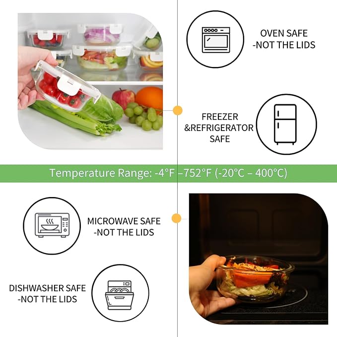HOMBERKING Glass Food Storage Containers with Lids, [18 Piece] Meal Prep Containers, Airtight Lunch Bento Boxes (9 lids & 9 Containers) - White