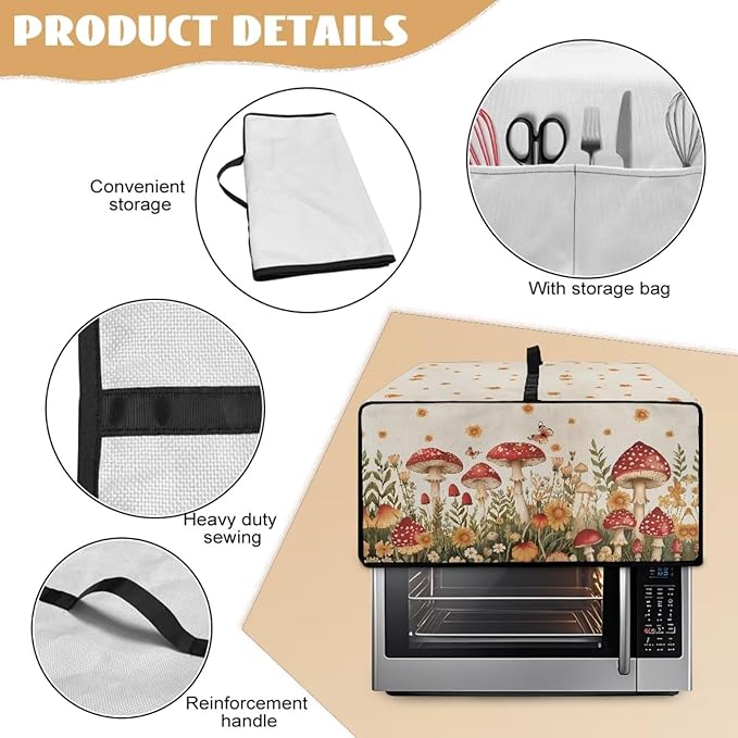 Air Fryer Toaster Oven Cover Fabric Convection Oven Cover with Pockets, Washable Small Appliance Dust Protection for Kitchen Home, L, 18.5 x 22.5 x 13 inches, Mushroom Floral